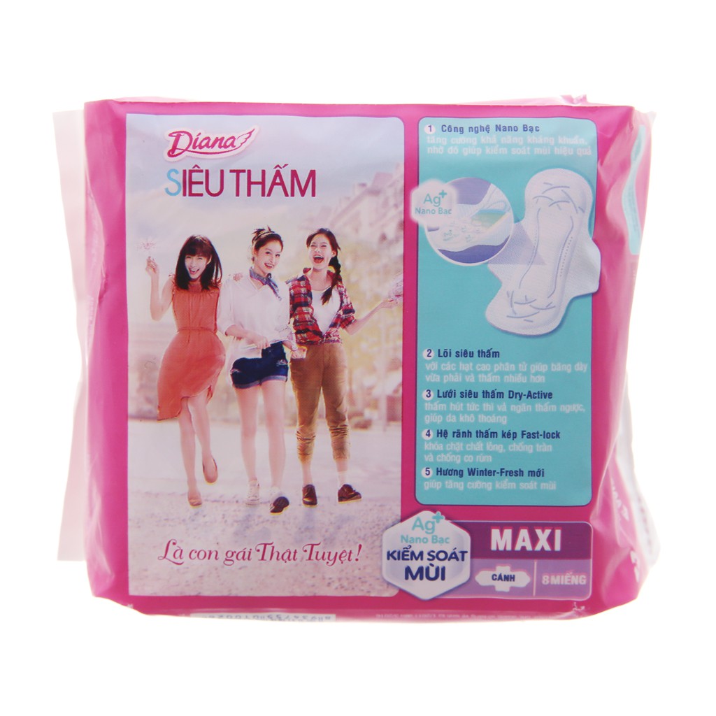 Băng vệ sinh Diana siêu thấm Maxi Có cánh 8 miếng