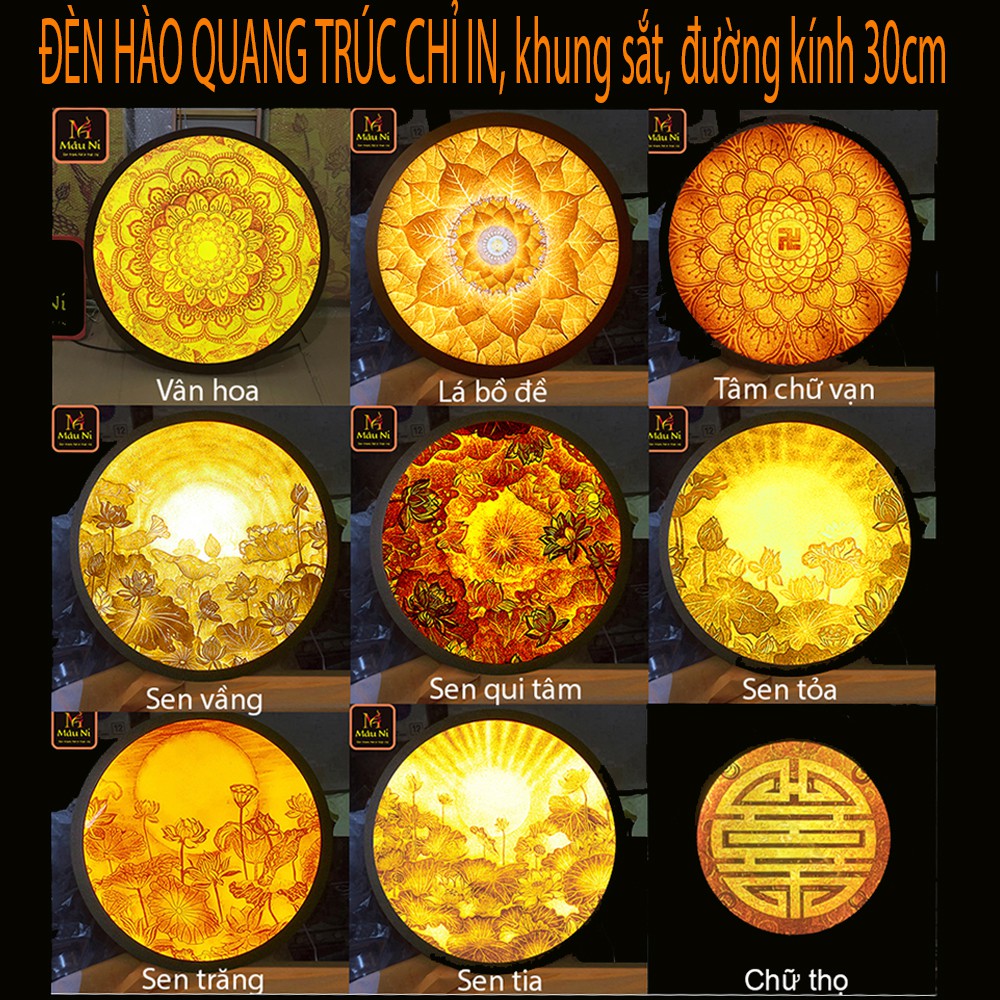 [SALE HOT] Đèn Hào Quang Vân hoa - in tranh trúc chỉ 198, khung sắt, Đường kính 30cm (đặt tượng thờ cao 25cm đến 40cm)