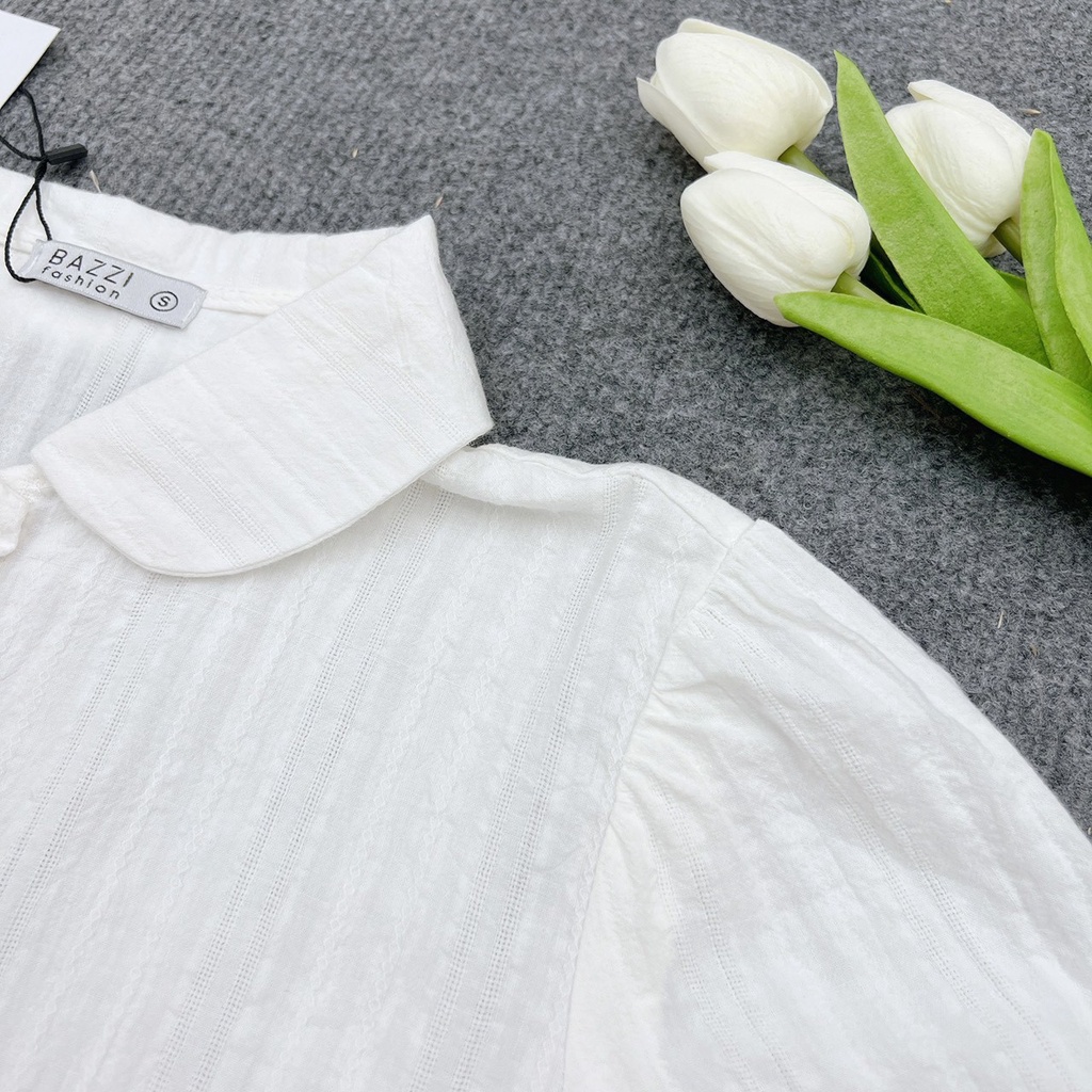 Áo sơ mi nữ màu trắng ngắn tay cổ sen thắt nơ basic thiết kế Bazzi  - ẢNH THẬT TỰ CHỤP