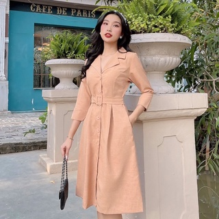 Đầm Công Sở NHẬT VY Sơ Mi Cúc Cài Kèm Dây Thắt Lưng Chất Linen Màu Nâu, Xám, Xanh Đen - D2213