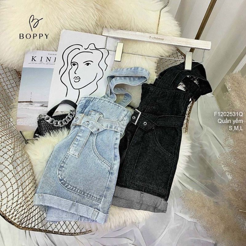 Quần yếm short jean có túi lai lật 1202