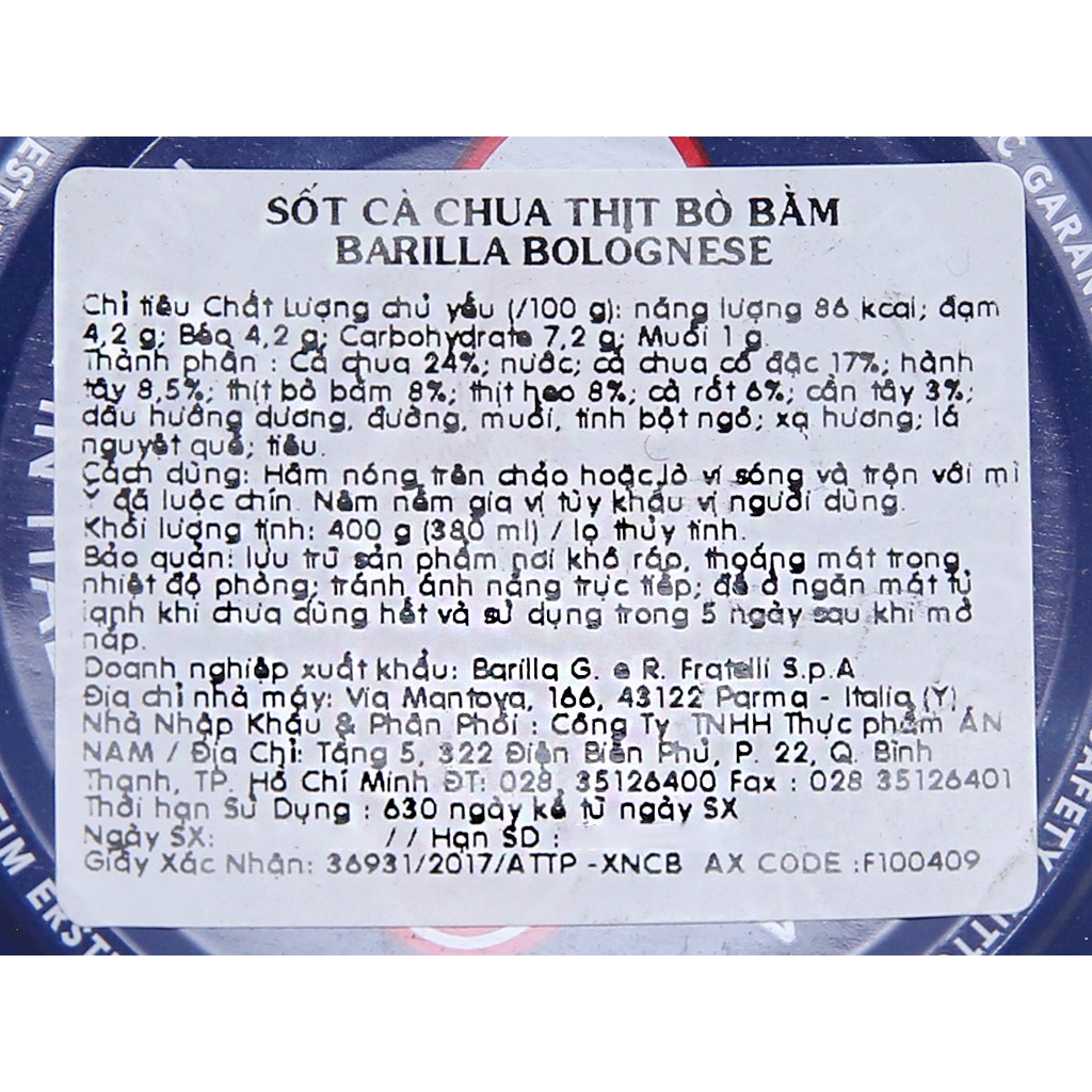 Sốt cà chua thịt bò bằm Barilla hũ 400g