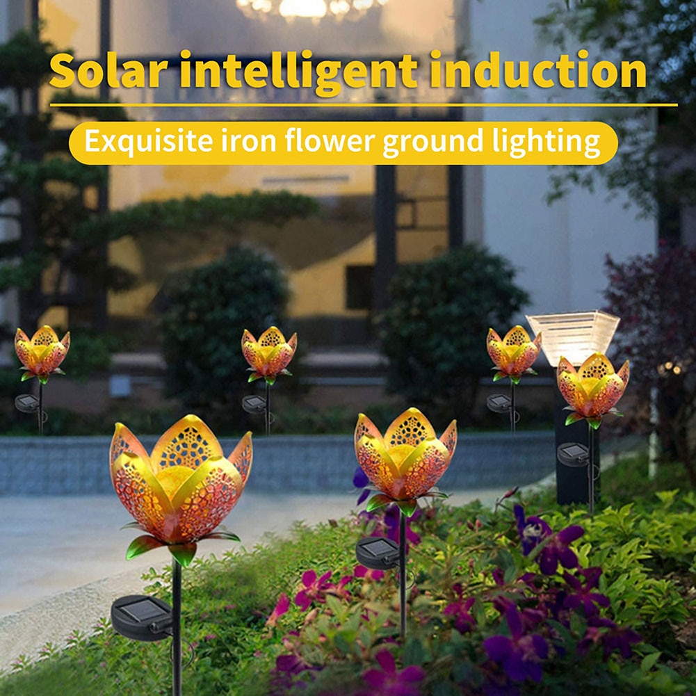 Outdoor Led Solar Lights Garden Flower Light Yard Pathway Decorative waterproof Retro Metal Hollow Landscape Stake Lamp