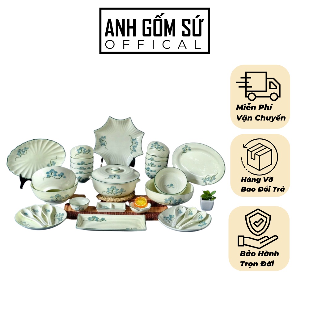 Bộ bát đĩa sứ Bát Tràng, bộ chén dĩa ăn cơm gia đình men kem họa tiết sen xanh, có bán các món lẻ