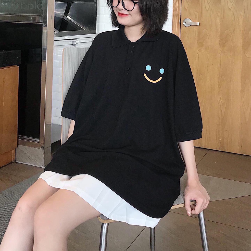 Áo thun tay lỡ Polo in mặt cười phông nam nữ unisex cotton oversize form rộng - GIN STORE