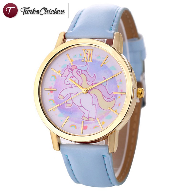 #Đồng hồ đeo tay# Women Watch Watches Happy Unicorn Cartoon Watch Leather Strap Quartz Watch