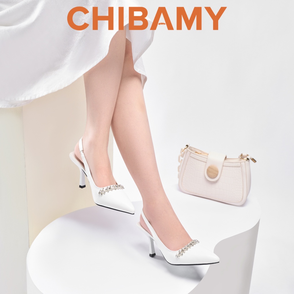 Giày cao gót nữ bít mũi đính dây đá CHIBAMY, giày cưới gót nhọn 8cm chất da mềm mã H04