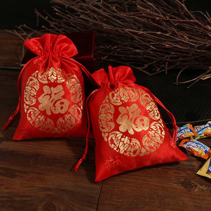 Túi may mắn thêu họa tiết phong cách Trung Hoa cổ điển màu đỏ phối dây rút độc đáo trang trí tiệc cưới/ năm mới