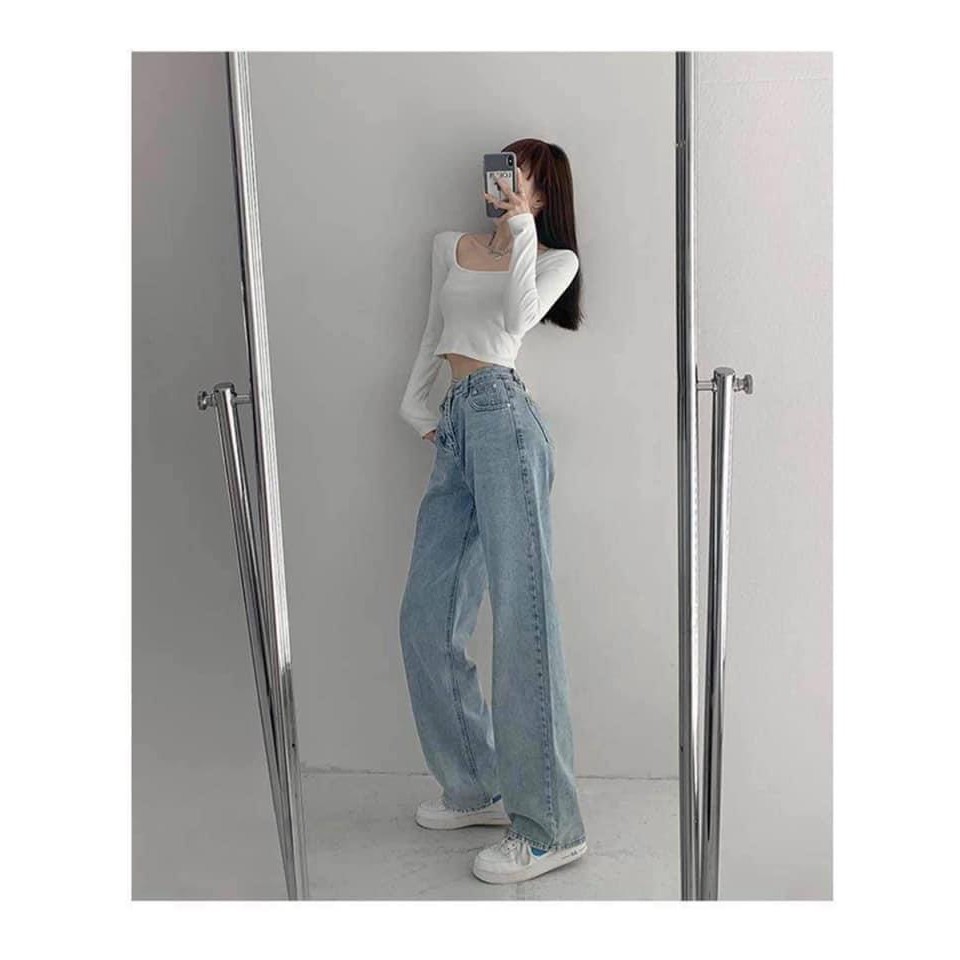 Quần Jean suông cạp lệch &lt;FREE SHIP&gt; Quần jean nữ hot trend