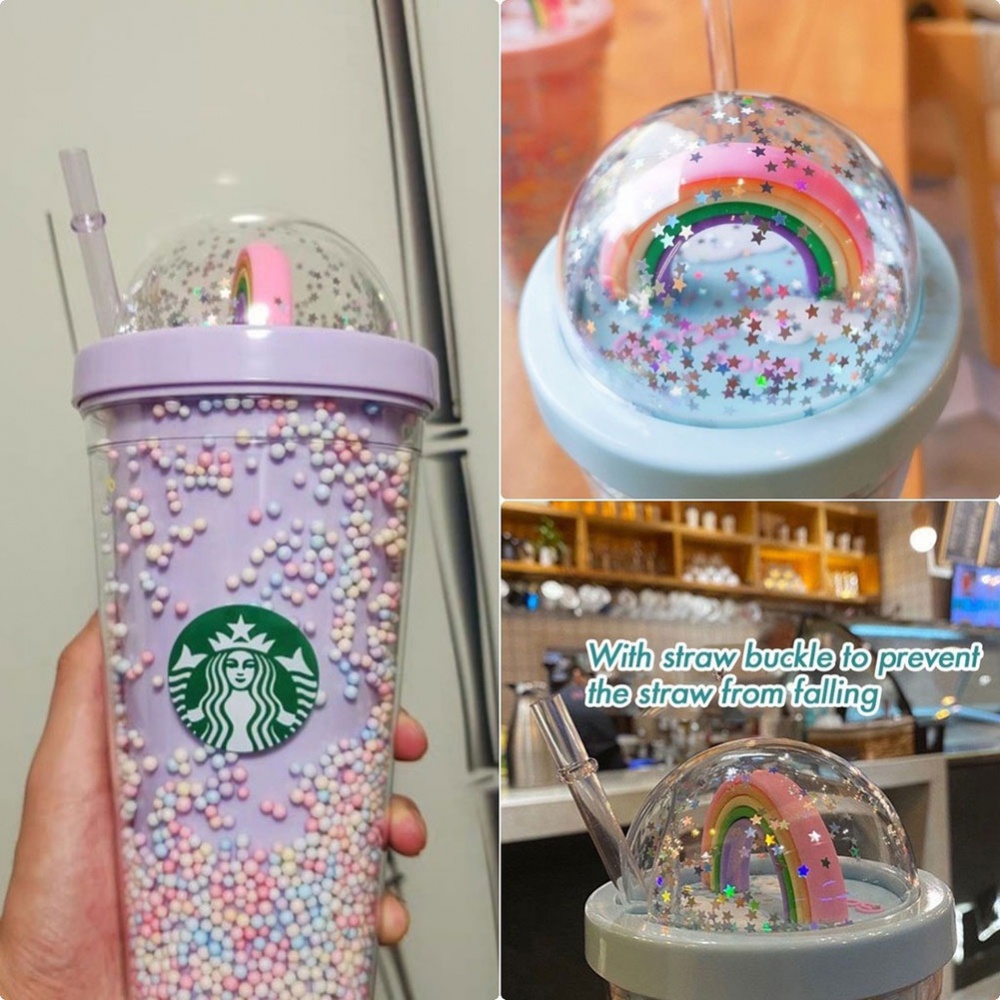 Bình nước Starbucks hai lớp màu cầu vồng có ống hút cho bé gái