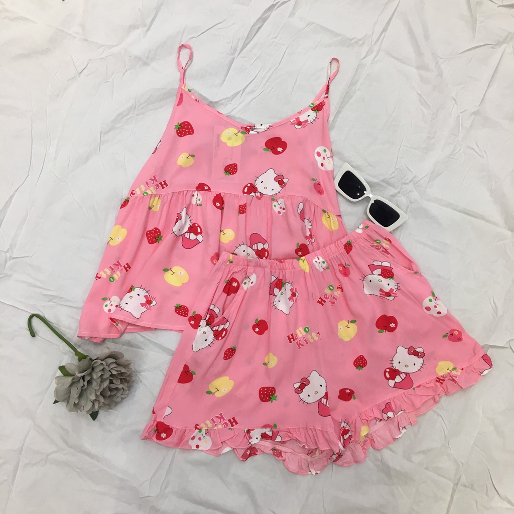 Bộ ngủ vải lanh màu hồng họa tiết Hello Kitty