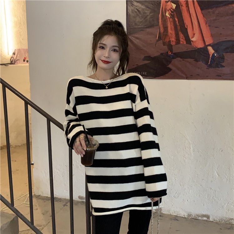 Áo Len Tay Dài Dáng Rộng Họa Tiết Kẻ Sọc Phong Cách Hàn Quốc Mới | BigBuy360 - bigbuy360.vn