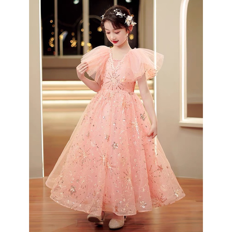 Đầm công chúa bé gái Hồng dài choàng vai - kim sa đính hạt cao cấp - Váy bé gái avalyakids