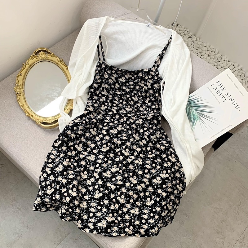[HÀNG SẴN]SET ÁO CARDIGAN MIX VÁY 2s HOA HỒNG ĐEN dáng ngắn style Ulzzang