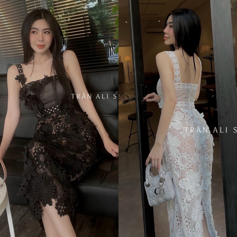 Đầm váy ren hoa nổi trắng đen ôm body 2 dây dáng dài, thời trang tiểu thư hotgirl đi chơi dạo phố dự tiệc cưới sinh nhật