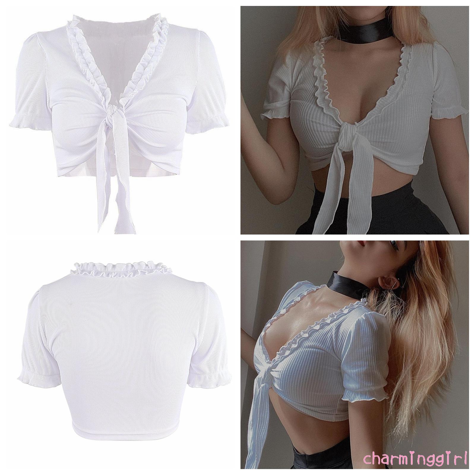 Áo thun croptop tay ngắn cổ chữ V sâu gợi cảm cột dây phía trước màu trơn dành cho bạn nữ | BigBuy360 - bigbuy360.vn