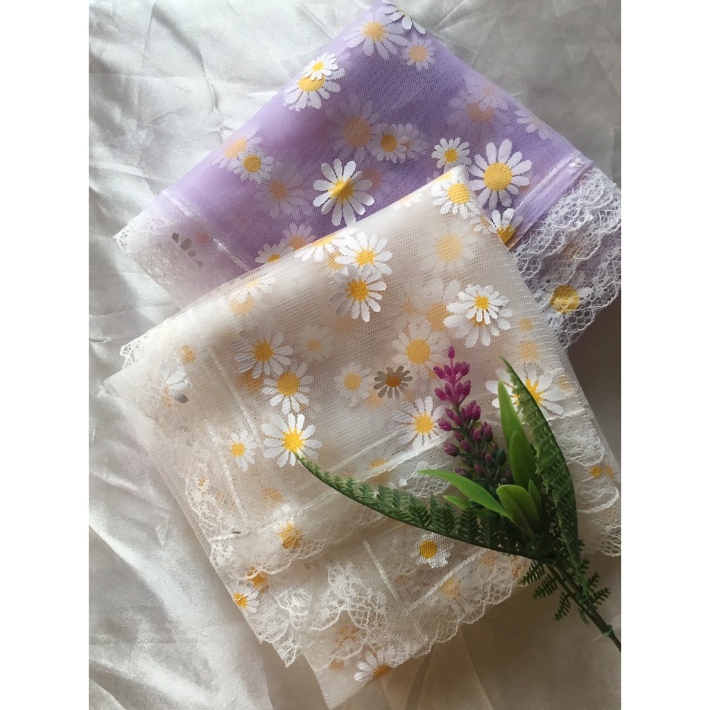 Khăn bandana ren hoa cúc trắng tím viền ren
