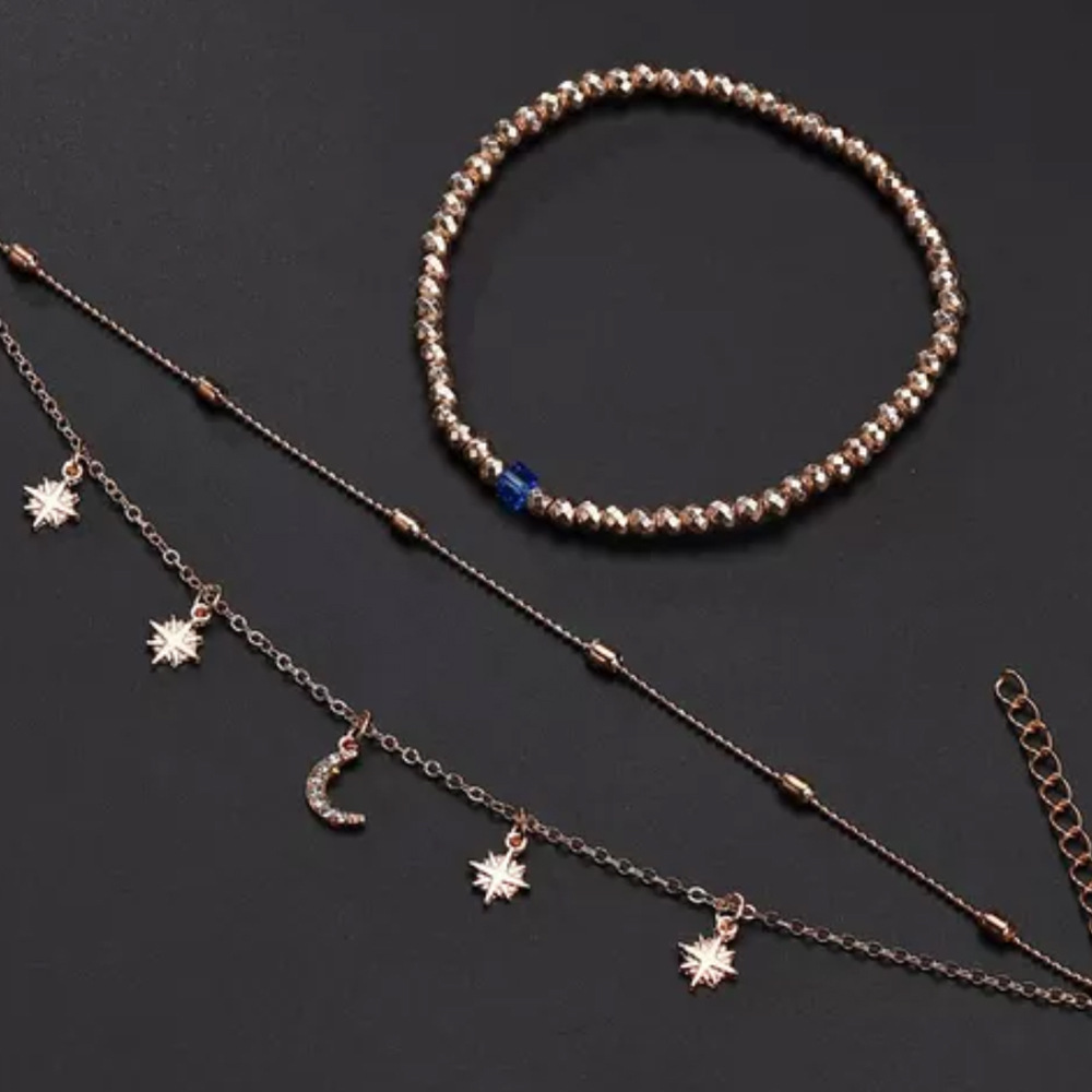 Three-layer pearl star and moon gold anklet