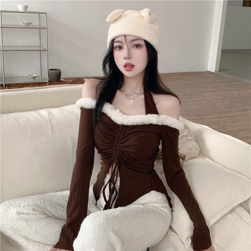 Áo trễ vai phối lông thời trang thu đông quyến rũ cho nữ