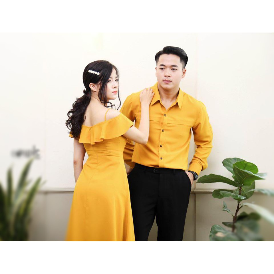 Áo đôi áo cặp 🎀FREESHIP🎀  Set váy nữ sơ mi nam cặp chụp cưới, dự tiệc, du lịch màu vàng đẹp - AV92