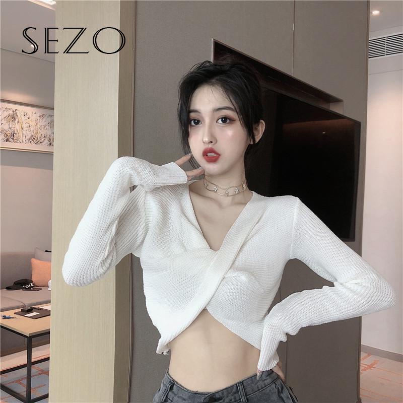 QKOOLE Áo dệt kim  tay dài cổ chữ V phong cách cổ điển Hàn Quốc cho nữ