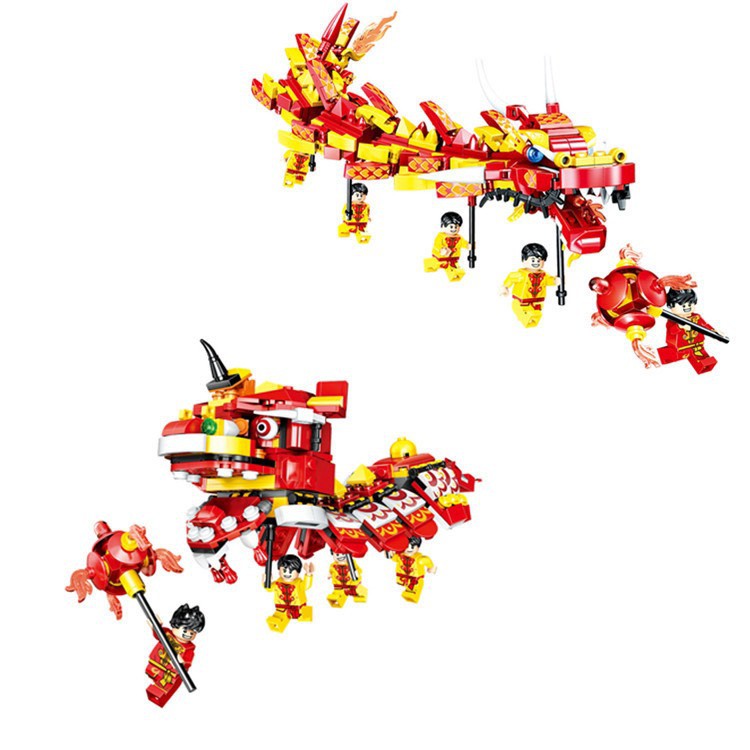 Đồ chơi lắp ráp non - lego đội múa lân - rồng trong ngày lễ hội xếp hình Zhegao QL0955