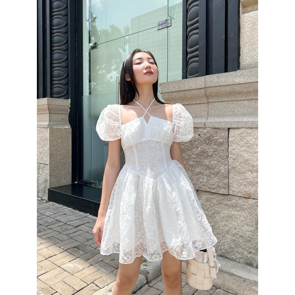 Somee studio Muse dress Váy tơ kính in hoa tay bồng