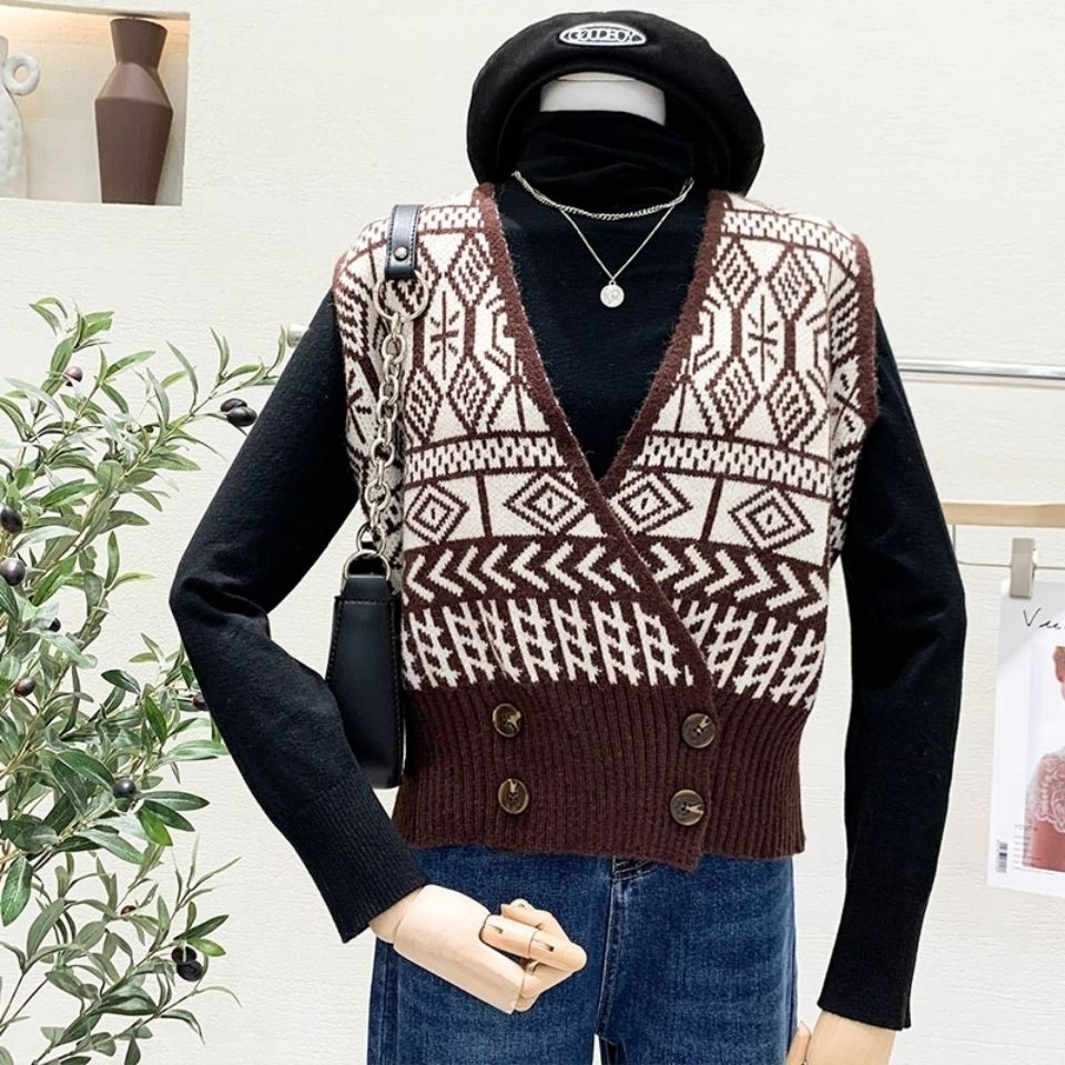 Áo Gile Áo Len Gile Knitted Vest Women's New Loose Retro Contrast Plaid Sleeveless V-neck Jacket