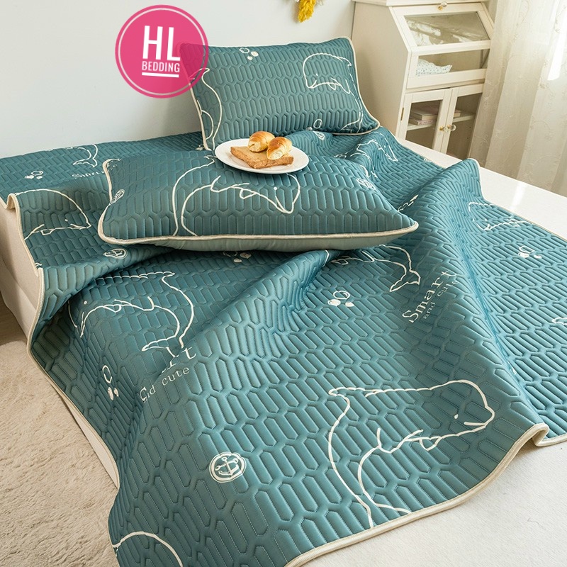 Chiếu điều hòa cao su non 5D Cá heo xanh  HL Bedding vải lụa Tencel mát cao su non Latex mềm mịn đủ kích thước m6/m8/2m2