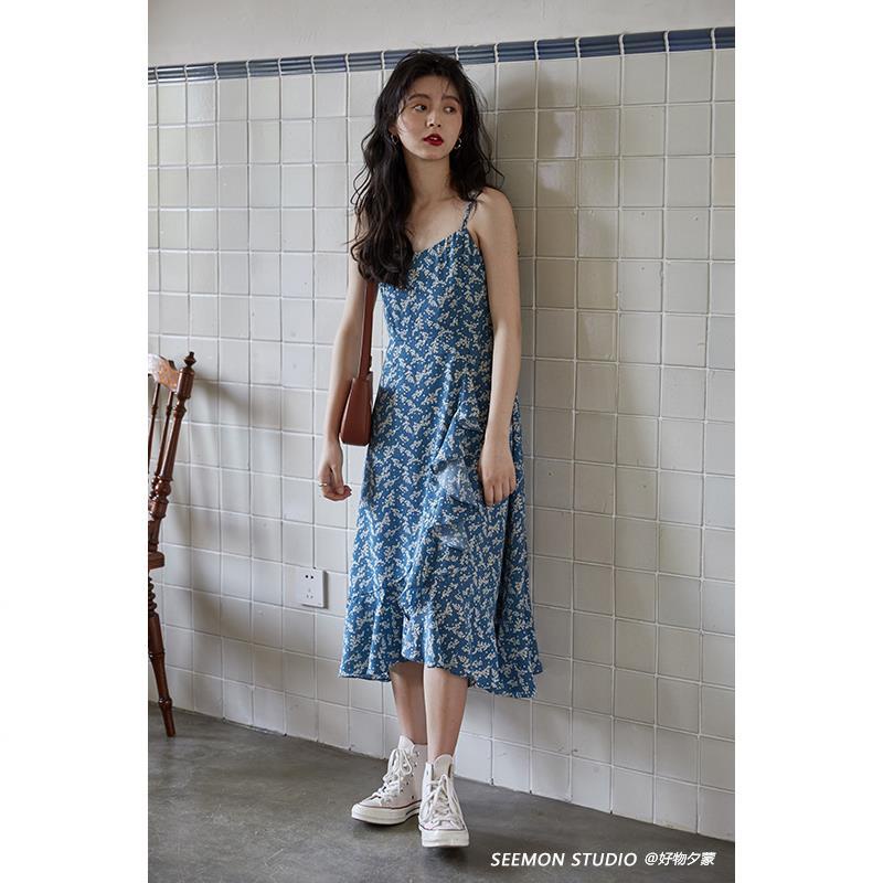 Đầm hai dây màu xanh dương in họa tiết hoa phong cách thời trang Pháp dành cho nữ