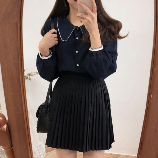 Áo Sơ Mi Hàn QuốcThời Trang Công Sở Nữ Cổ Sen Lé Trắng Xinh Xắn, Sơ Mi Màu Xanh Than Basic Quyên Fashion AA403