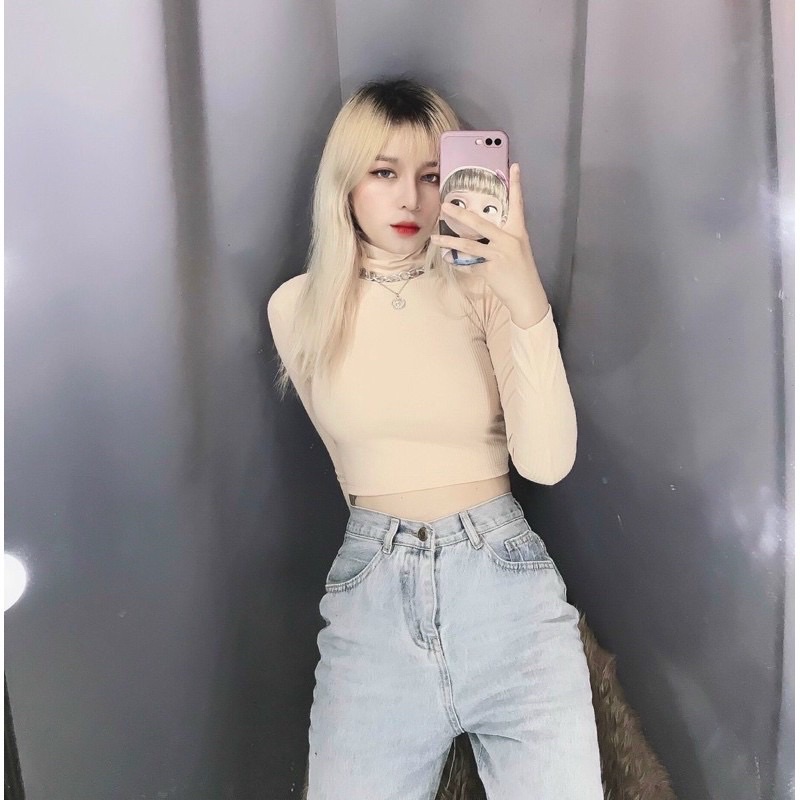 Áo croptop cổ cao dáng ôm tay dài, chất thun mềm mại bao test, có 3 màu trắng đen nude, free size dưới 56kg