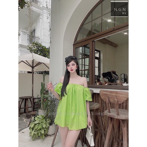 Áo thô trễ vai xanh neon