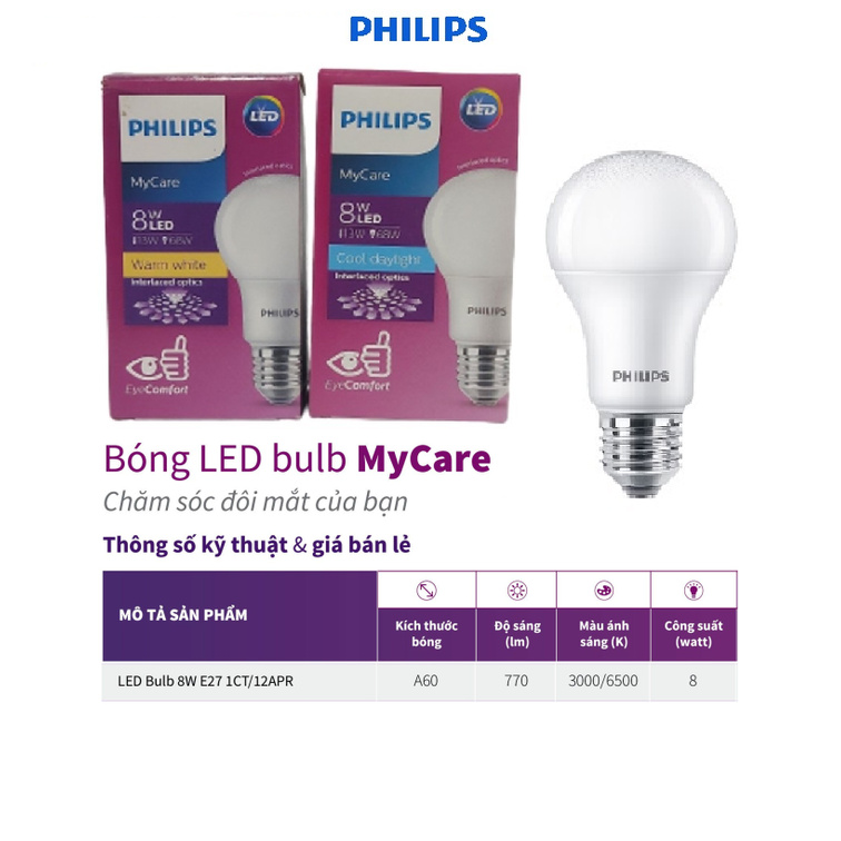 Bóng đèn PHILIPS LED BULB Mycare A60 -Công suất (4W,6W,8W,10W,12W)