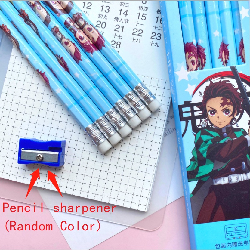 Hộp 12 Cây Bút Chì Gỗ Hình Demon Slayer Kimetsu No Yaiba HB Đi Học Kèm Cục Tẩy Cho Bé