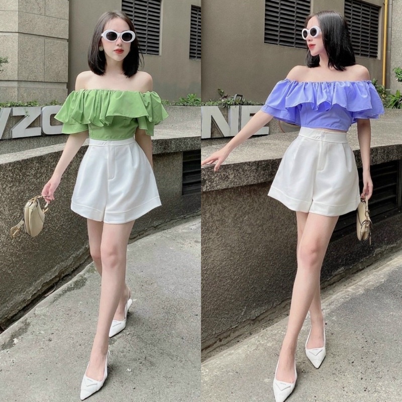 Set áo croptop hở/bẹt/trễ/rớt vai xanh kèm quần short ngắn trắng,bộ thời trang hot girl đi chơi dạo phố quyến rũ gợi cảm