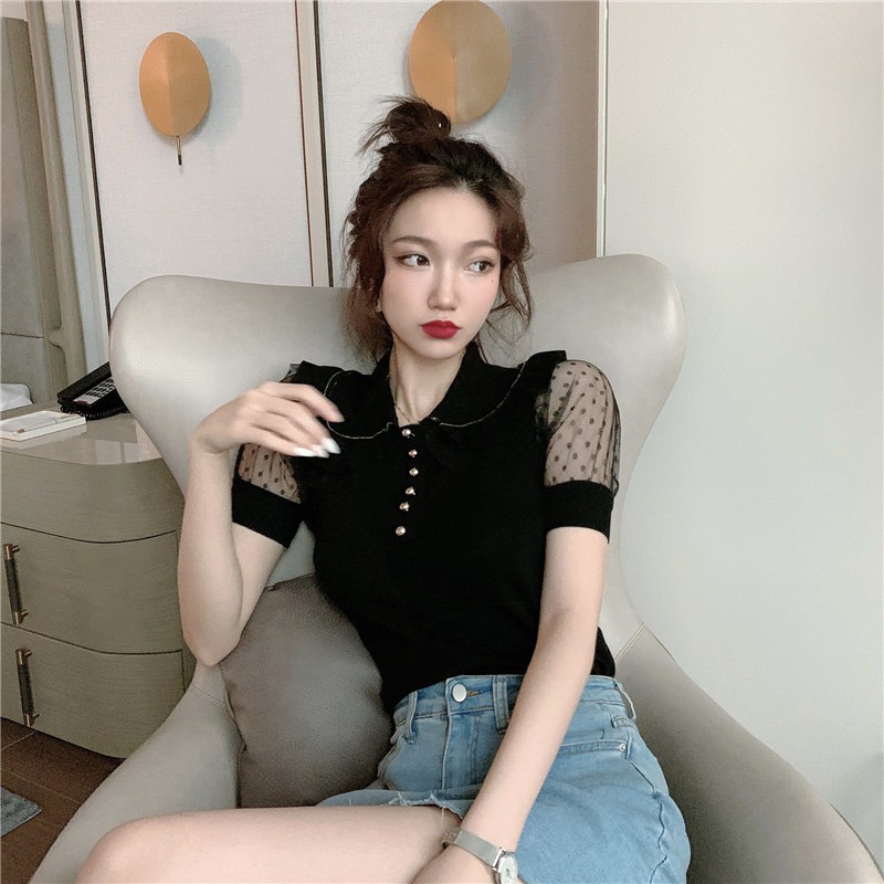 Áo thun ZHELIHANGFEI tay ngắn phồng cổ búp bê phối lưới thời trang mùa hè 2022 xinh xắn cho nữ