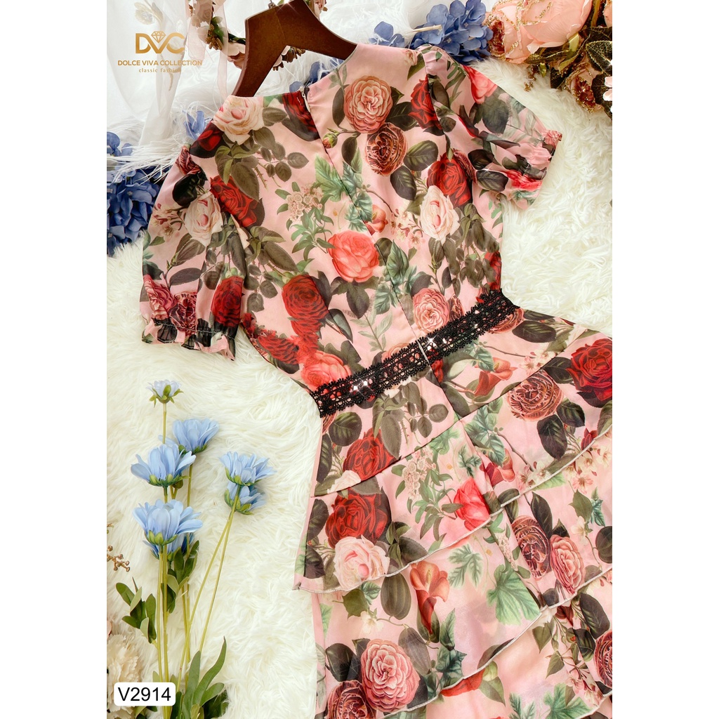 VÁY HOA HỒNG PHỐI 5 TẦNG BÈO V2914 -DOLCE VIVA COLLECTION