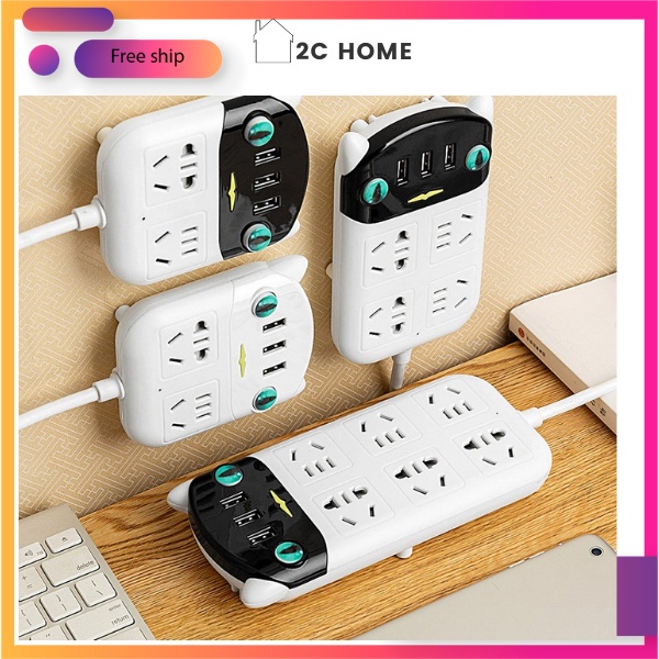 Ổ cắm điện đa năng thông minh hình tai mèo dễ thương 3 cổng USB 5v sạc nhanh, dây nối 1,2 m chống dật – 2C Home