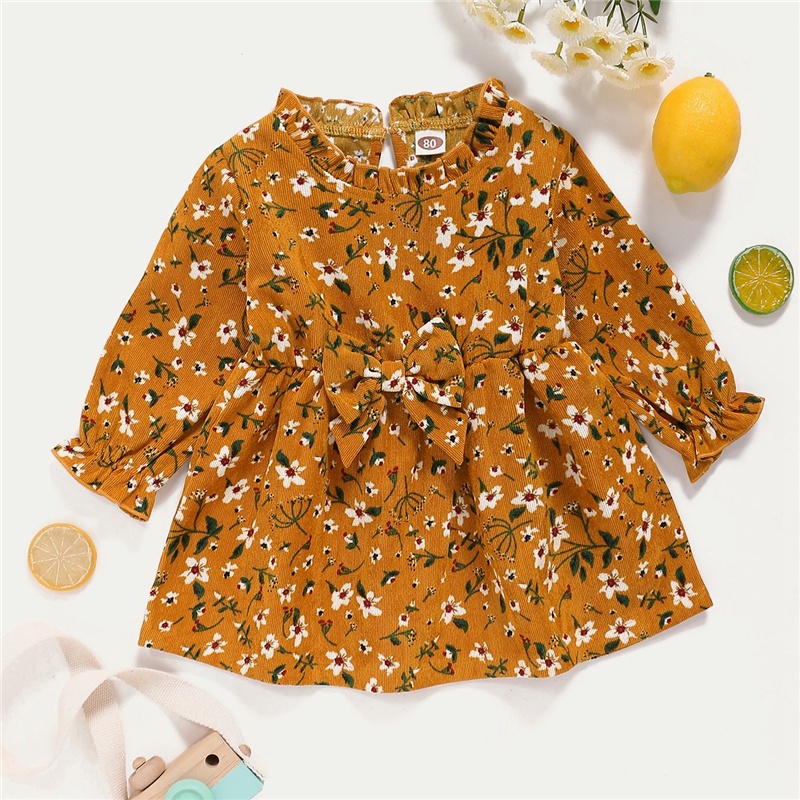 Đầm công chúa MIKRDOO tay dài vải nhung phối nơ in hoa dễ thương thời trang mùa thu cho bé gái