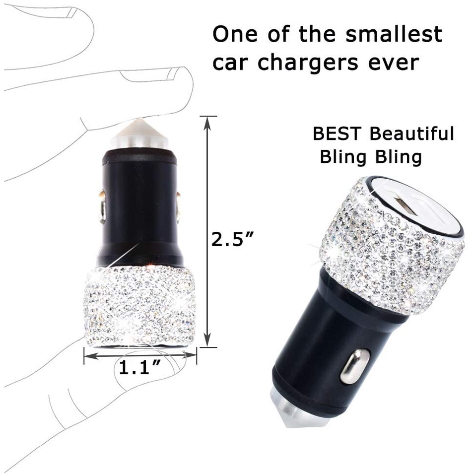 Tẩu Sạc Nhanh USB Kép Đính Đá Pha Lê Thủ Công Dùng Trên Xe Hơi