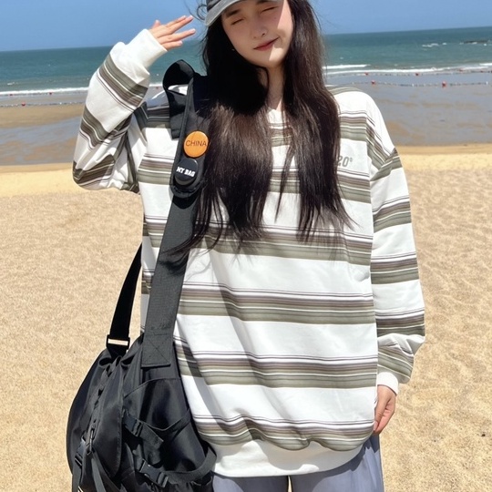 ZHELIHANGFEI Áo Thun Tay Dài Họa Tiết Sọc Theo Phong Cách Retro Mỹ
