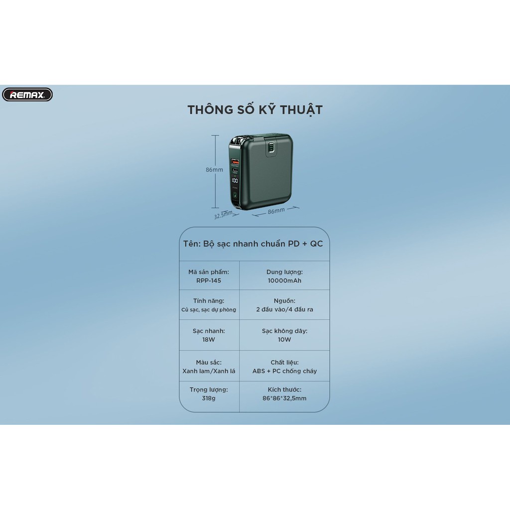 Sạc Dự Phòng 10000mah đa năng Remax RPP-145 QC3.0, TypeC PD18W, Wireless Charge