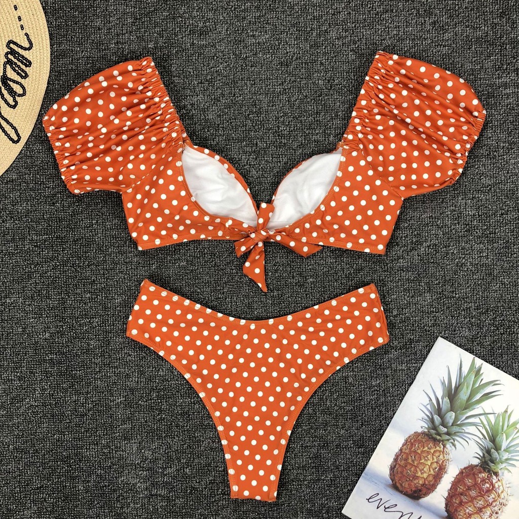Trang phục bikini cổ V họa tiết chấm bi trắng/cam gợi cảm H156 | BigBuy360 - bigbuy360.vn