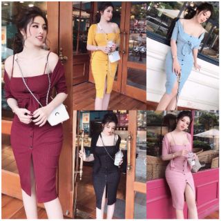 Set Đầm Body Thun Gân Kèm Áo Khoác Cardigan