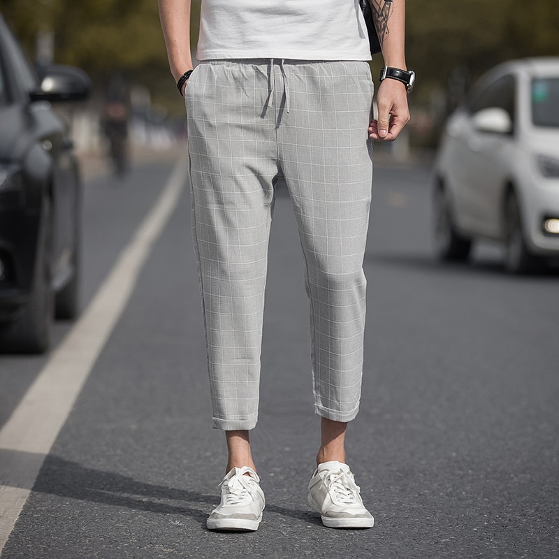 Quần Jogger vải lanh mềm mại họa tiết sọc caro phong cách hiphop thời trang 2020 cho nam size M-5XL