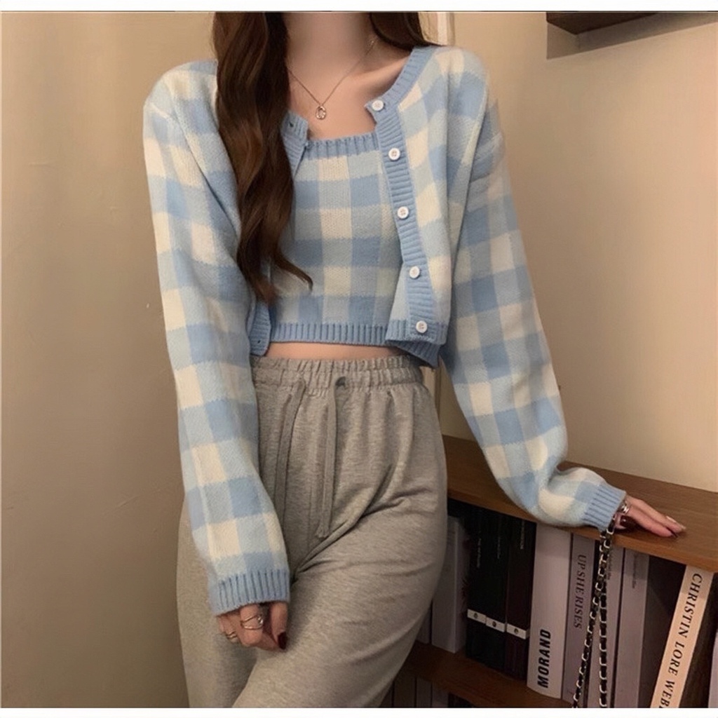 SET Áo Cardigan len kẻ caro mix áo 2 dây siêu xinh