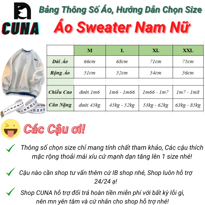 Áo Sweater CUNA Áo Sweater Nam Nữ Form Rộng Chất Cotton Nỉ Ngoại Hàng Xuất Cao Cấp Trơn Cổ Tròn Dài Tay Local Brand