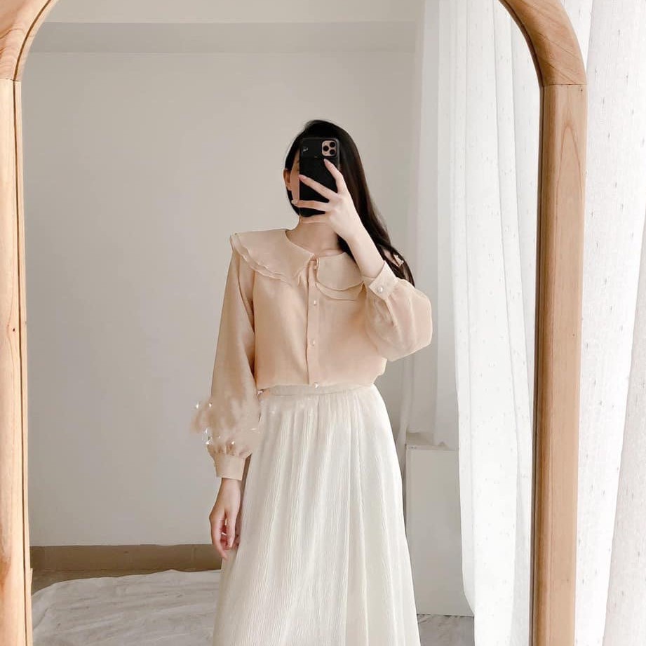 Áo sơ mi cổ bèo voan tơ lụa tiểu thư