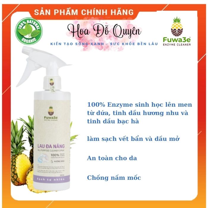 Lau đa năng hữu cơ Fuwa3e-500ml làm sạch mọi vết bẩn - an toàn cho người sử dụng. Mùi hương dễ chịu
